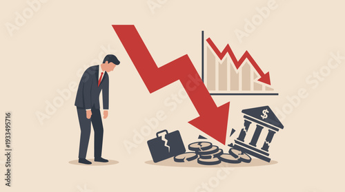 Sad businessman standing by a large red falling arrow, broken bank, and shattered coins, symbolizing financial crisis, global economic recession, bankruptcy, and stock market crash concept.