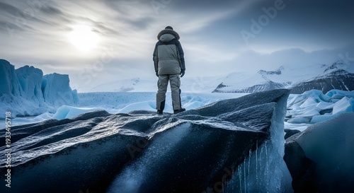 Hiker on dark ice formation overlooking glacial landscape with sun person woman