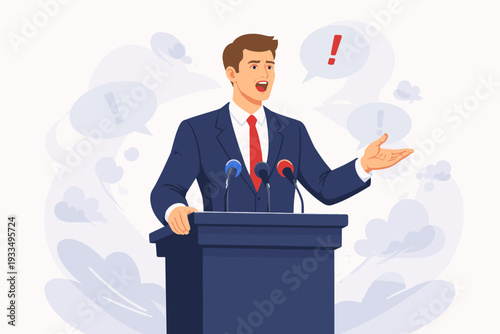 Businessman or Politician in a Suit Giving a Passionate Speech at a Podium with Microphones, Expressing Strong Opinions or Spreading Lies, Flat Vector Illustration of Public Speaking Event
