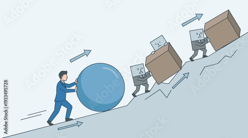 Businessman pushing a blue sphere up a hill with ease while competitors struggle with heavy square boxes, representing innovation, efficiency, smart work, and gaining a competitive advantage.
