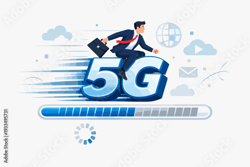 Businessman in a suit riding on top of a fast-moving 3D 5G text with a progress loading bar. Concept of high-speed internet, rapid data transfer, and digital connectivity for business success.
