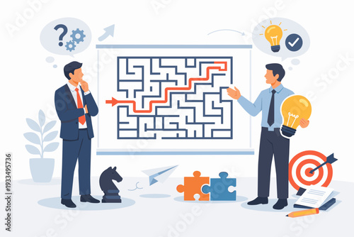 Two Businessmen Collaborating to Find the Best Solution for a Complex Maze Challenge. Concept of Strategic Planning, Creative Problem Solving, Innovation, and Business Success Illustration.