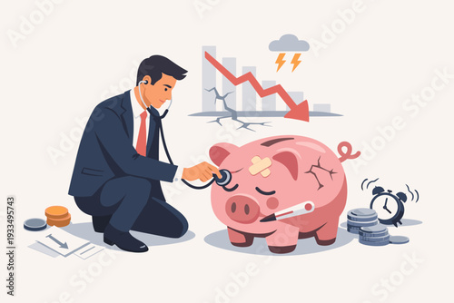 Businessman in Suit Using Stethoscope to Check Health of a Cracked Piggy Bank with Thermometer and Bandage, Representing Financial Crisis, Economic Recession, Market Crash, and Loss of Savings