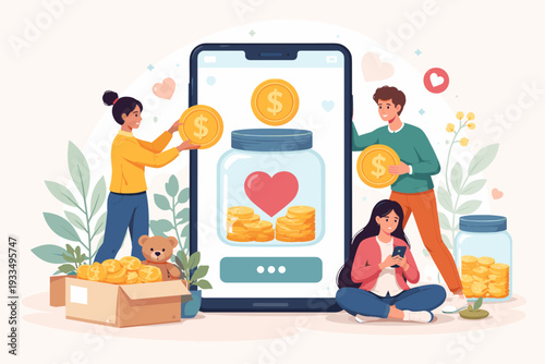 People donating money online for charity and fundraising through a mobile app on a smartphone. Concept of digital philanthropy, social responsibility, and crowdfunding with coins and hearts.