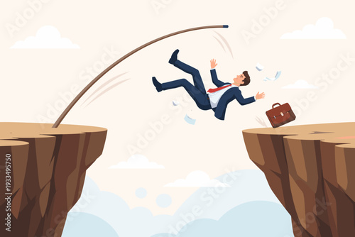 Businessman in a suit failing to pole vault across a deep cliff gap, falling into the abyss with briefcase and papers flying, concept of business failure, risk, and unsuccessful challenge vector.