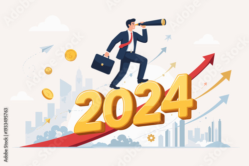 Businessman with Telescope Looking into Future on Rising Red Arrow with 2024 Numbers, Concept for Economic Forecast, Business Growth, Success, Opportunity, and Financial Vision for the New Year.