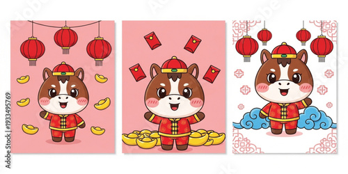 Chinese New Year Zodiac Horse Cartoon Character Set with Red Lanterns, Gold Ingots and Lucky Envelopes for Lunar Festival Celebration Design
