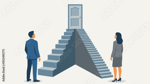 Gender discrimination and workplace sexism concept with businessman and businesswoman facing unequal stairs to success door, unfair competition, career growth inequality, and glass ceiling metaphor.