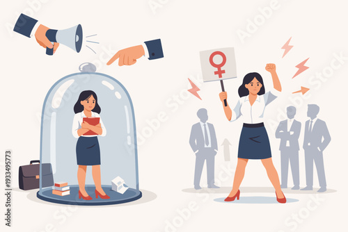 Gender Inequality in Employment Concept with Woman Under Glass Bell Jar and Woman Defending Her Rights with Protest Sign, Representing Sexism, Workplace Discrimination and Feminism Vector