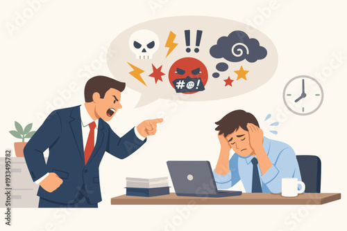Angry Boss Shouting at Stressed Employee in Office, Toxic Work Environment and Workplace Bullying Concept, Aggressive Management Style, Businessman Yelling at Frustrated Worker at Desk