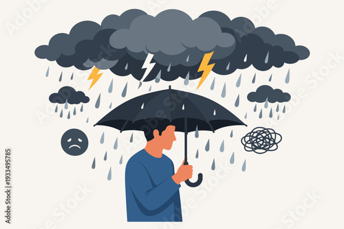 Vector Illustration of a Man with an Umbrella Under a Dark Storm Cloud and Rain, Symbolizing Mental Health Struggles, Depression, Anxiety, Stress Management, and Seeking Psychological Support.