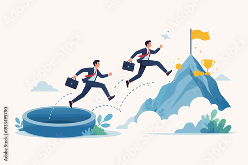 Businessmen jumping out of their comfort zone towards a mountain peak with a trophy and flag, representing career growth, overcoming challenges, and achieving success in business goals.