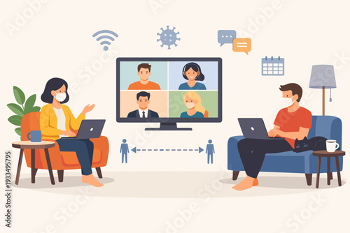 Remote Work and Video Conference Meeting at Home During COVID-19 Pandemic, People Wearing Face Masks and Practicing Social Distancing in a Flat Vector Illustration for New Normal Lifestyle Concept
