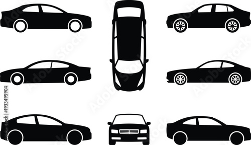 Car silhouettes set with sedan and coupe vehicles in side and front views black vector icon collection