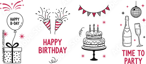 Hand-drawn birthday social media icons featuring a cake, gift box, champagne, disco ball, and bright pink accents