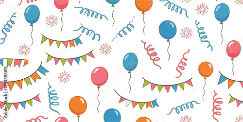 Colorful Birthday Party Seamless Pattern with Balloons Confetti Streamers and Bunting Flags for Celebration Wrapping Paper Textile and Festive Background Design