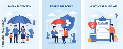 Family insurance protection concept illustration, signing policy healthcare savings financial security umbrella shield vector design