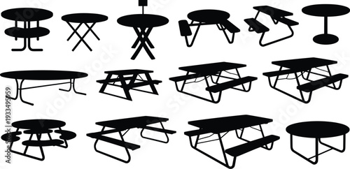 Picnic and outdoor tables silhouettes collection with benches, folding furniture and round cafeteria tables vector icon set