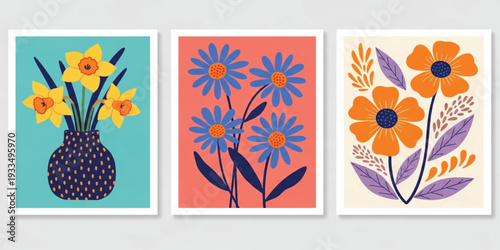 Colorful Floral Illustration Set with Modern Folk Art Flowers, Decorative Vase, and Botanical Elements for Posters, Wall Art, Greeting Cards, and Trendy Designs
