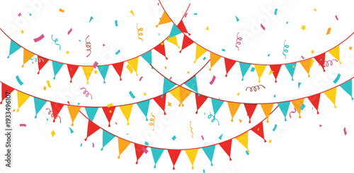 Colorful Party Flags and Confetti Decoration Background with Festive Bunting Garland for Birthday Celebration Carnival Event and Holiday Design