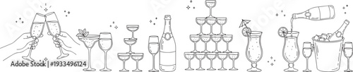 Hand-drawn black and white vector illustration set of champagne towers, toasting flutes, and festive party cocktail drinks