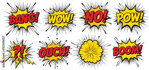 Comic Book Pop Art Explosion Speech Bubble Set with Bang Wow Boom Ouch and Pow Text Effects for Retro Cartoon Design and Posters