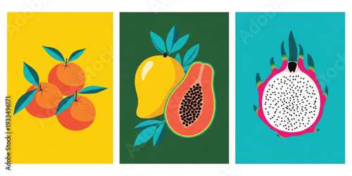 Colorful Tropical Fruit Illustration Set with Orange, Papaya and Dragon Fruit on Vibrant Backgrounds for Healthy Food Posters and Summer Design