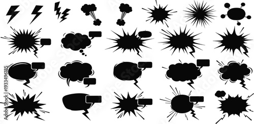 Comic Speech Bubble and Explosion Burst Icon Set with Lightning Effects for Cartoon Dialogues Pop Art Design and Vector Illustration Collection