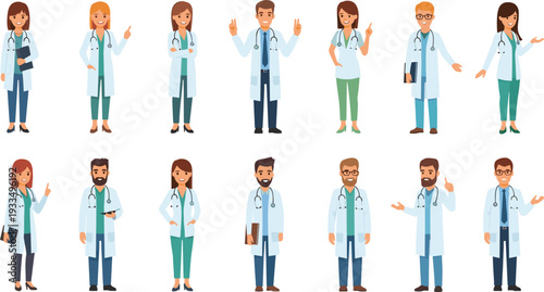 Medical Doctor Characters Set with Male and Female Physicians in White Coats Healthcare Professional Vector Illustration Collection