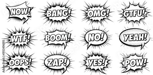 Comic Speech Bubble Explosion Set with Bang Boom OMG and Pop Art Text Effects for Comics Stickers Posters and Retro Design Elements