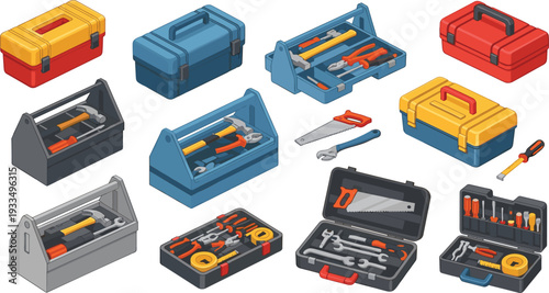 Toolbox and Hand Tools Collection with Wrench Hammer Saw Screwdriver and Pliers Flat Vector Illustration Set for Construction and Repair
