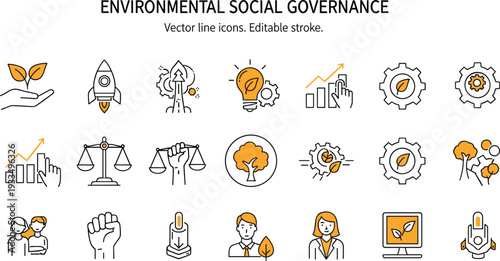 Vector line icons for environmental social governance ESG sustainable innovation green growth justice and corporate ethics