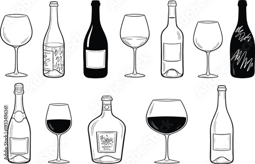 Hand-drawn black and white vector illustration set of wine bottles, champagne, spirits, and diverse elegant glassware icons