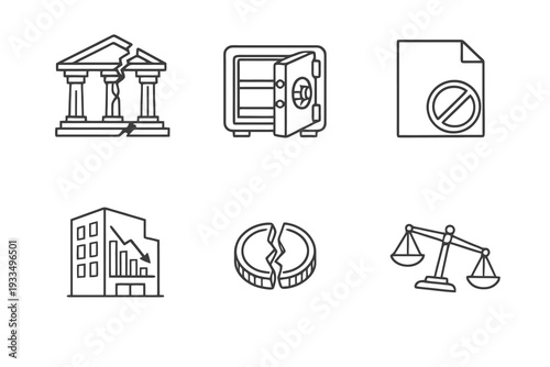 Business insolvency linear icon pack focused on debt crisis and company shutdown. Monochromatic vector set ideal for finance reports and economic news graphics.