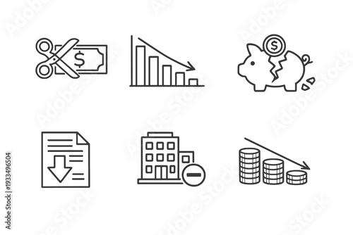 Budget cuts outline icon set. Monochrome editable stroke vector collection isolated on transparent background for financial reduction, cost control and recession design.