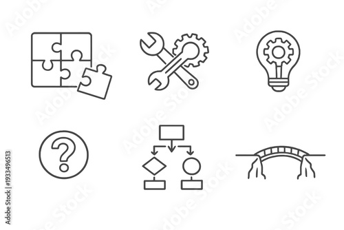 Problem solving outline icon set. Monochrome editable stroke vector collection isolated on transparent background for consulting, innovation and strategy design.