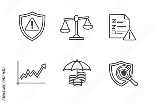 Corporate risk linear icon pack focused on assessment, compliance and financial protection. Monochromatic vector set ideal for consulting firms and analytics platforms.