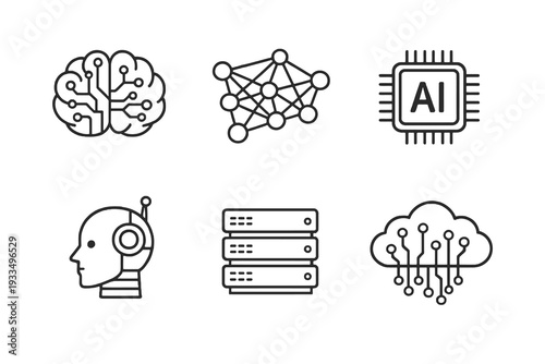 AI and neural network linear icon pack focused on machine learning and automation. Monochromatic vector set ideal for tech platforms and data systems.