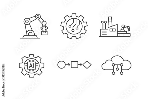 AI automation outline icon set. Monochrome editable stroke vector collection isolated on transparent background for robotics and smart industry design.