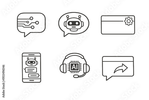 Artificial intelligence chat linear icon pack focused on messaging bots and customer support automation. Monochromatic vector set ideal for SaaS and tech apps.