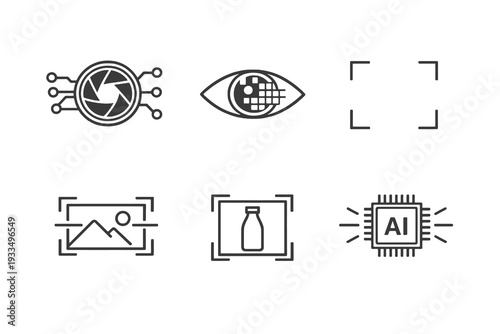 Computer vision outline icon set. Monochrome editable stroke vector collection isolated on transparent background for AI image recognition and visual analysis design.