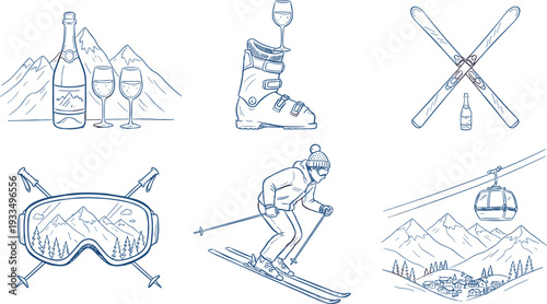 Hand-drawn blue vector Alpine ski set with mountain landscapes, cable cars, ski goggles, and champagne bottle illustrations