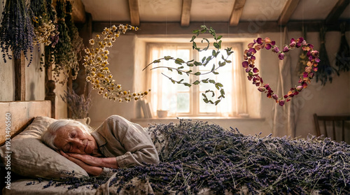 Senior woman sleeping on bed covered with dried lavender in rustic cottage interior with hanging floral decor suitable for herbal medicine blogs, wellness content, alternative therapy guides, senior c