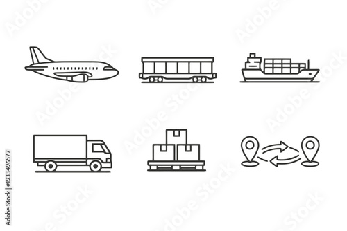 Logistics transport linear icon pack focused on cargo movement and distribution networks. Monochromatic vector set ideal for trade and warehouse systems.