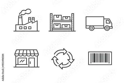 Supply chain management outline icon set. Monochrome editable stroke vector collection isolated on transparent background for logistics and distribution planning.