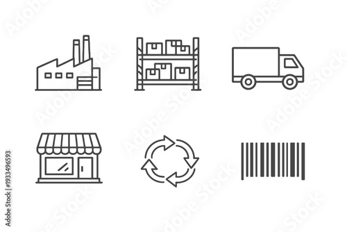 Logistics workflow linear icon pack focused on inventory, shipping and retail operations. Monochromatic vector set ideal for enterprise systems.