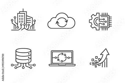 Digital transformation outline icon set. Monochrome editable stroke vector collection isolated on transparent background for enterprise modernization and automation design.