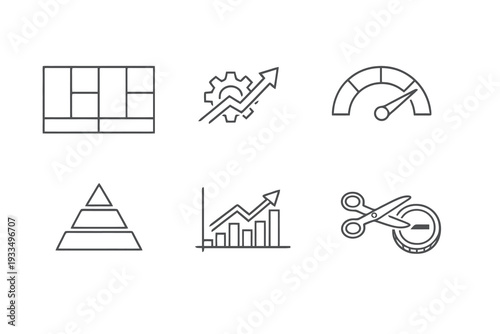 Enterprise optimization linear icon pack focused on KPIs, growth strategy and operational efficiency. Monochromatic vector set ideal for consulting and analytics.