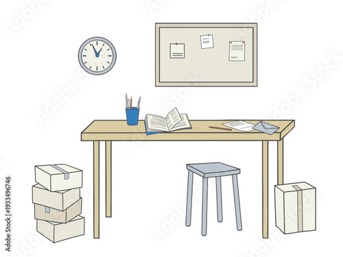 desk with open book, pencil holder, envelope, stacked boxes, wall clock and bulletin board with notes.