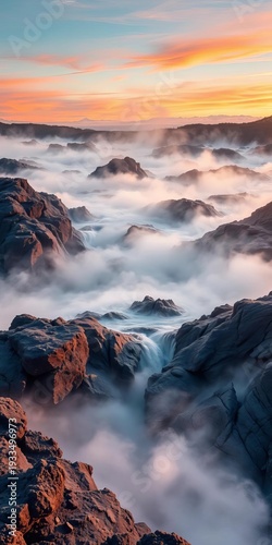 Ethereal volcanic mist swirls, painting pastel hues on obsidian rock formations ,  Volcanic mist,  pastel landscape